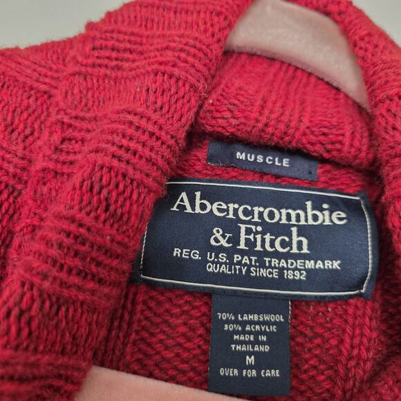 Vintage Y2K Abercrombie and Fitch Mens M Lambs Wool Ribbed Fisherman Sweater Red - Picture 7 of 9